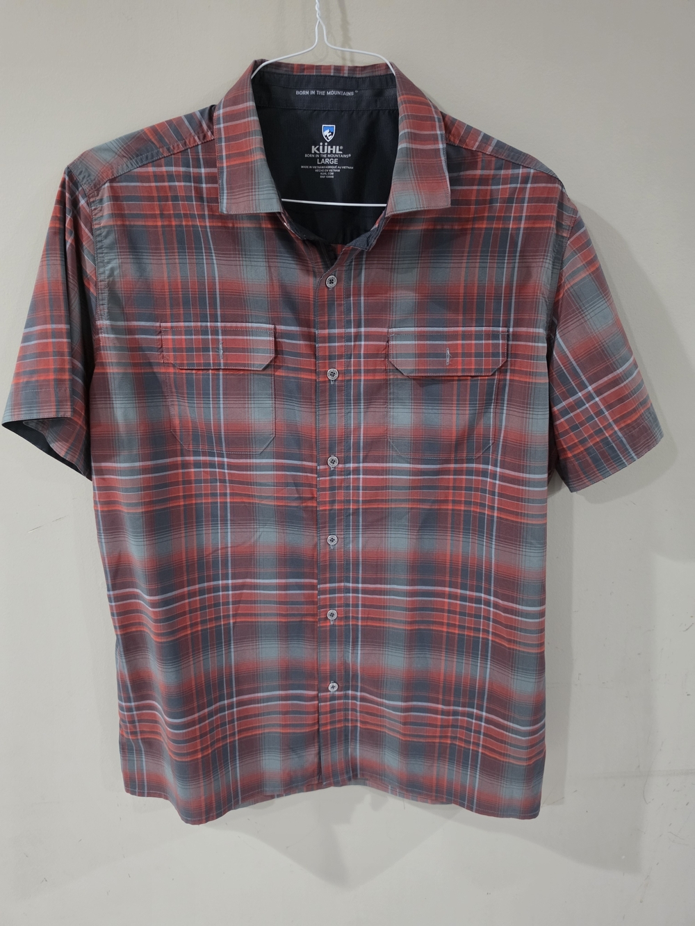 KÜHL Men’s Large Plaid Short Sleeve Button Up Outdoor Hiking Shirt Red Gray